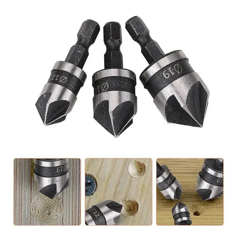 3PC Hexagonal Shank 90 Degree Black Five Blade Chamferer 12/16/19mm Countersink Drill Woodworking Hole Opener Tool Set