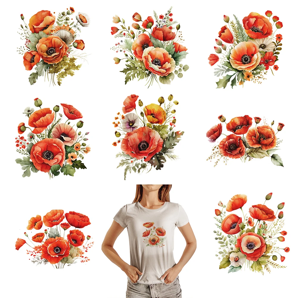 Iron-on Transfers for Clothing Creative Poppy Flowers Plants And Flowers Dtf Transfers Ready to Press Patches DIY Apparel Sewing