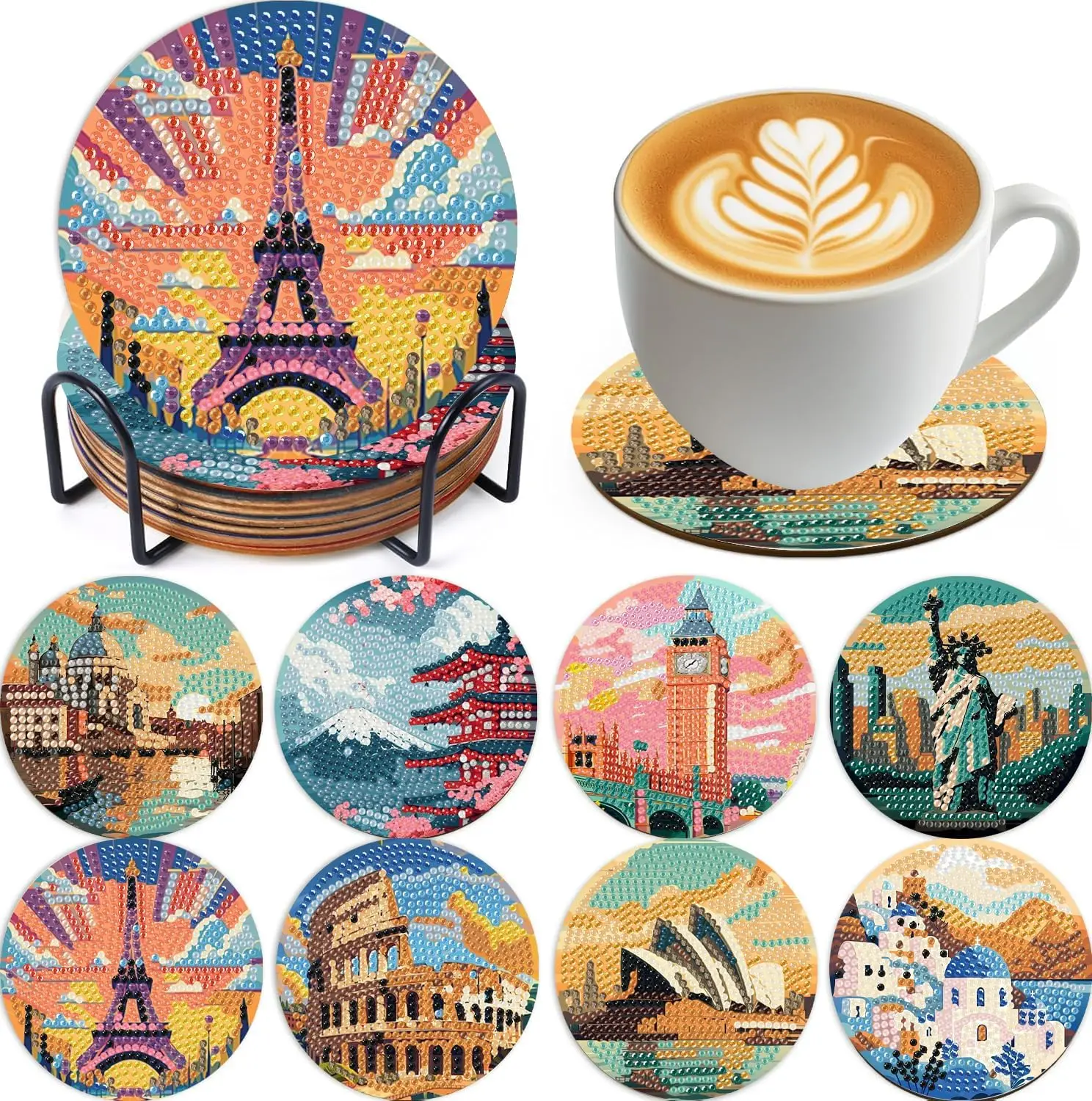 

8 Pcs Famous buildings Diamond Art Painting Coasters Kits,Landscape Coaster with Holder for Adults, Non-Slip DIY Dot Paint Craft