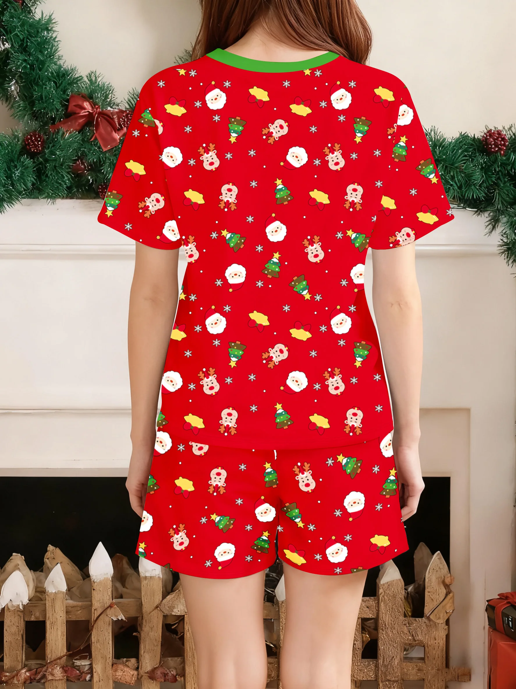 Family Christmas Pajamas Matching Parent-child Short Sleeve Shorts Red Santa Reindeer Tree Print Xmas Gift Men Women Kids