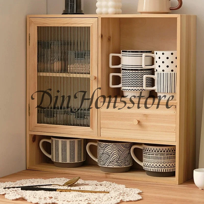 Pinewood Desktop Organizer  Stable Teaware Storage Cabinet  Dustproof Skincare Holder Spacious Cup Stand