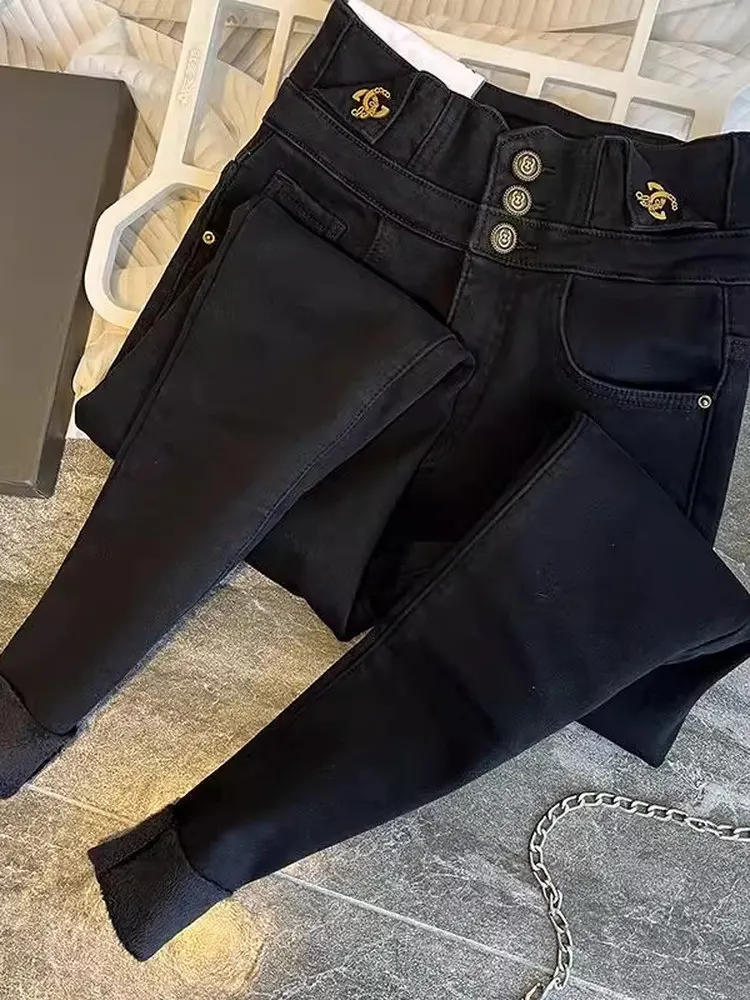 

Джинсы с высокой талией на флисовой подкладке, облегающие, женские, эластичные, моделирующие фигуру, зимние, теплые, в гонконгском стиле