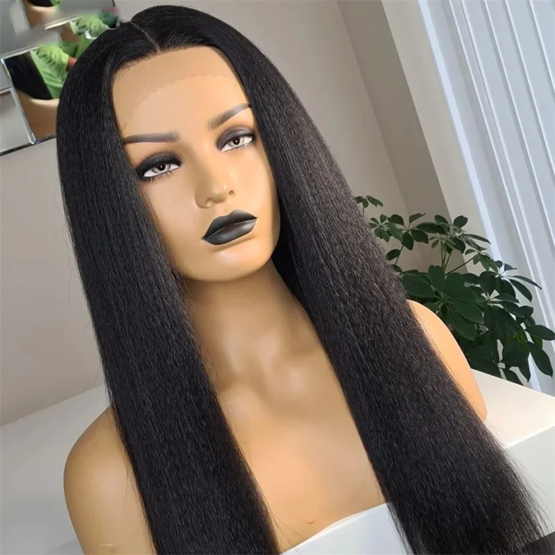 

Soft Yaki Natural Black Glueless 26“Long 180%Density Kinky Straight Lace Front Wig For Women BabyHair Preplucked Daily Cosplay