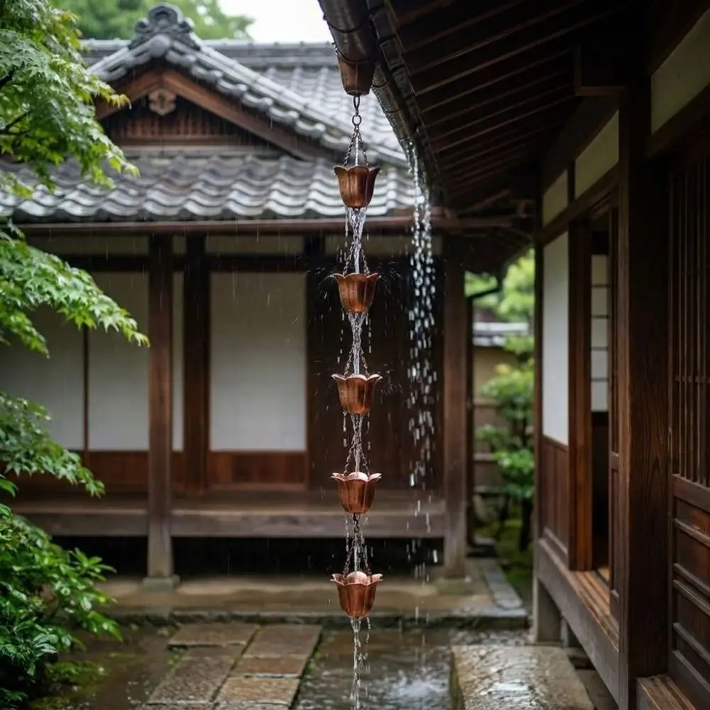 Japanese Style Metal Tulip Rain Chain 7 Cups Hanging Rain Chain for Gutters Flower-shaped Directs Water Rain Catcher Roof Eaves