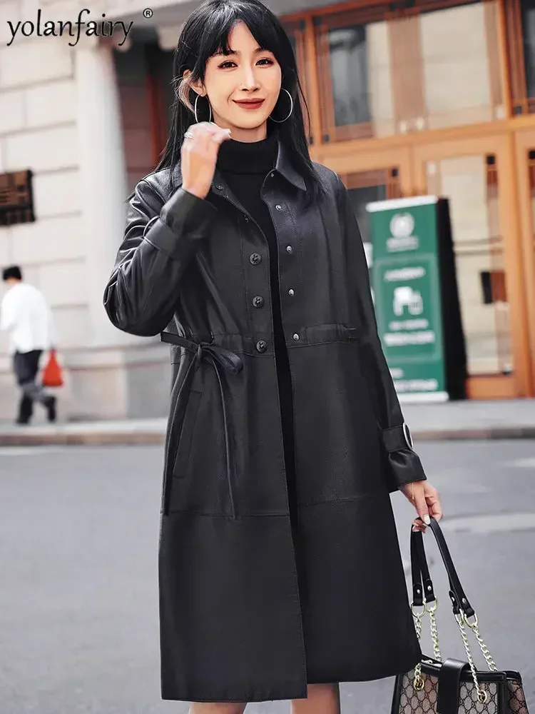 Veste en cuir véritable pour femme, coupe-vent, manteau long à lacets, couche supérieure coréenne, peau de mouton, mode printemps, nouveau, 2023