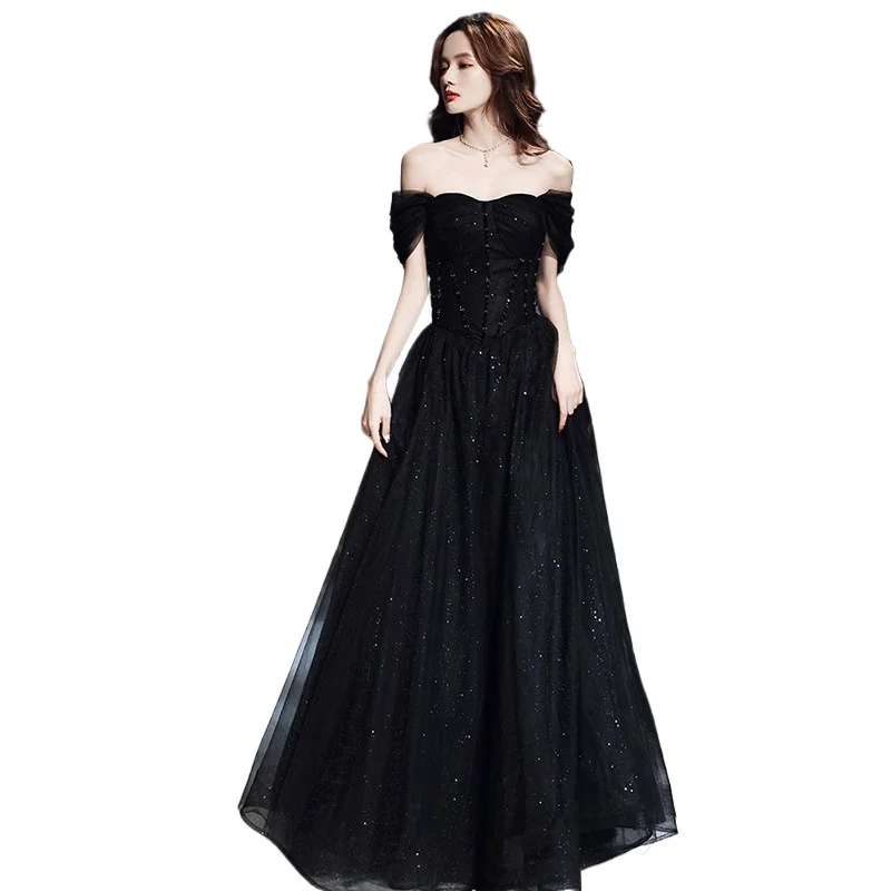 Vestido de noite preto 2025 novo feminino voz música arte exame primavera/verão reunião anual desempenho vestido