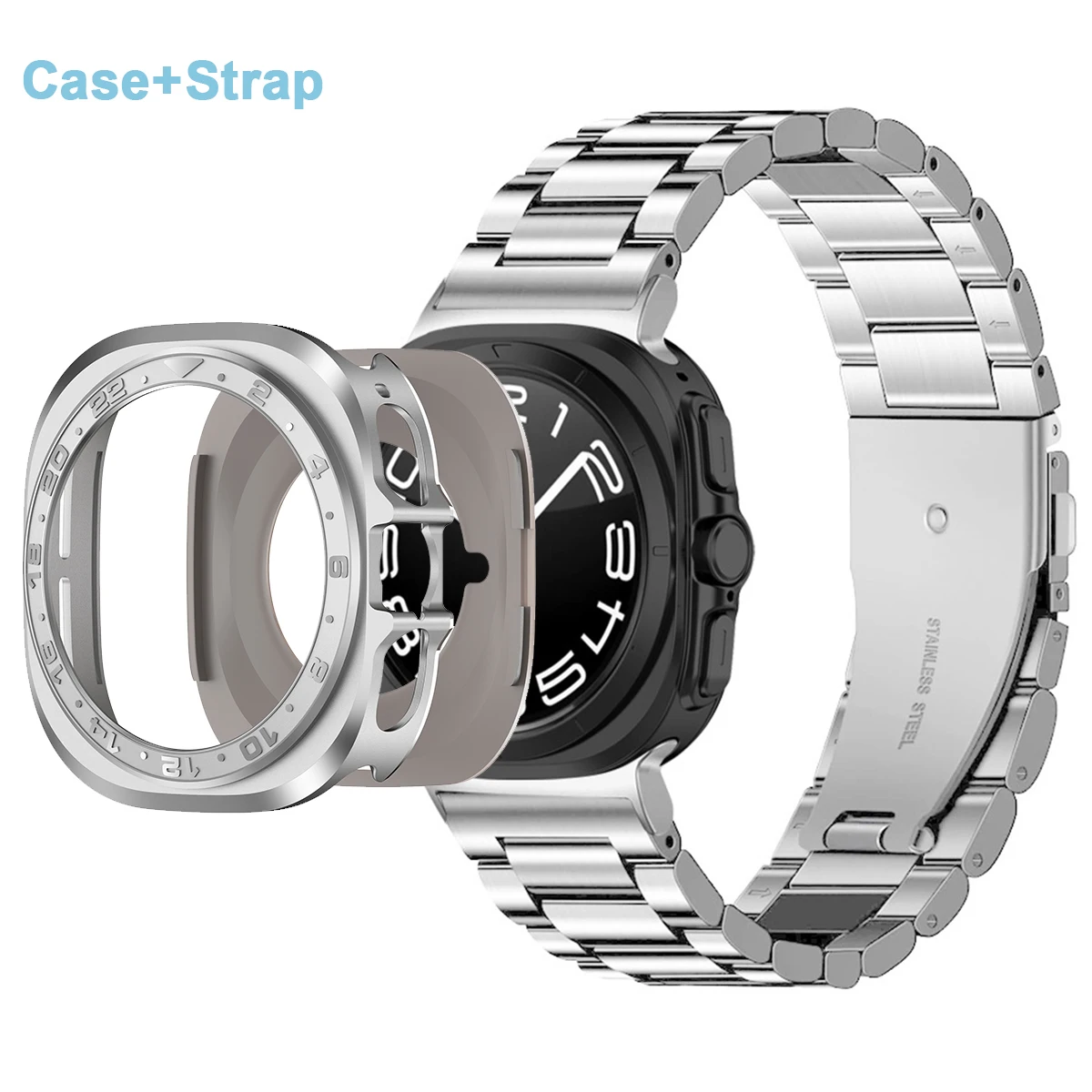 

Чехол + ремешок для Samsung Galaxy Watch Ultra 2025 47 мм, роскошный браслет из нержавеющей стали, металлический + ПК, чехол, бампер, защитная оболочка