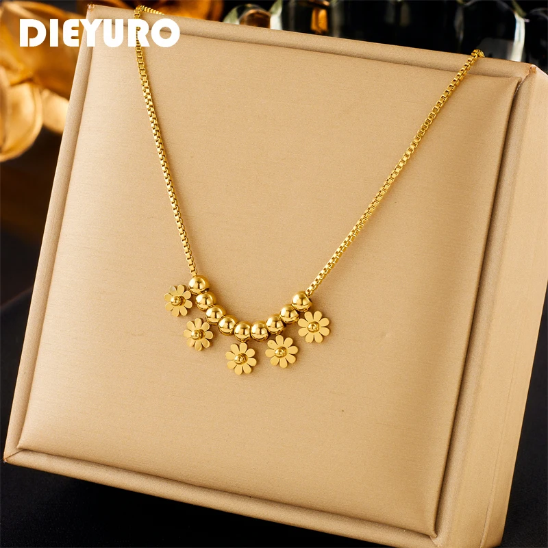 DIEYURO 316L Stainless Steel Gold Color Flower Pendant Necklace For Women Girl New Trend Charm Choker Chain Jewelry Gifts Collar