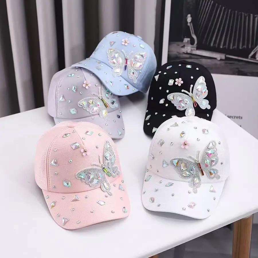 

Summer UV Protection Baseball Caps Women Butterfly Rhinestone Breathable Adjustable Hat Hip Hop Hat Fashion Pink Sun Hat Gorras
