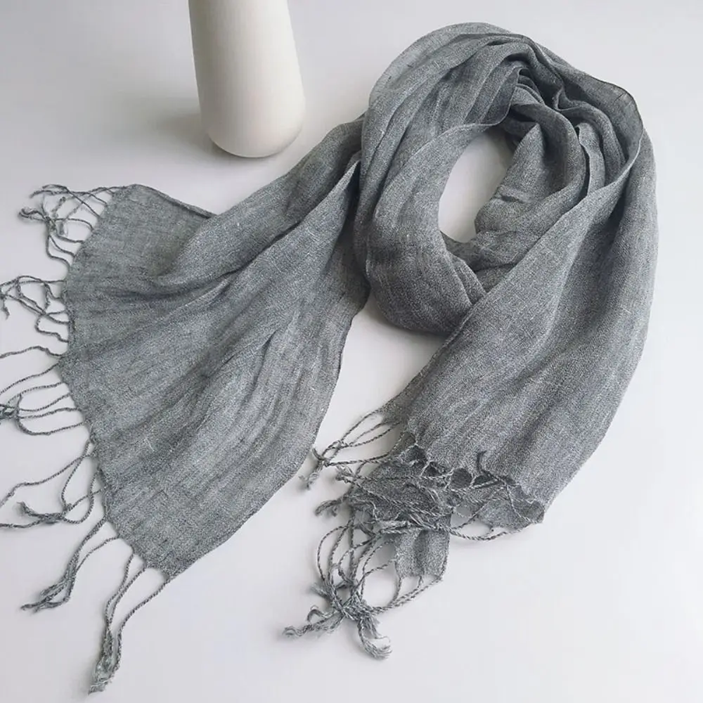 Versatile Solid Color Pure Linen Scarf Long Tassel Lightweight Shawl Wrap Soft Fabric Breathable Neck Scarf Daily Wear