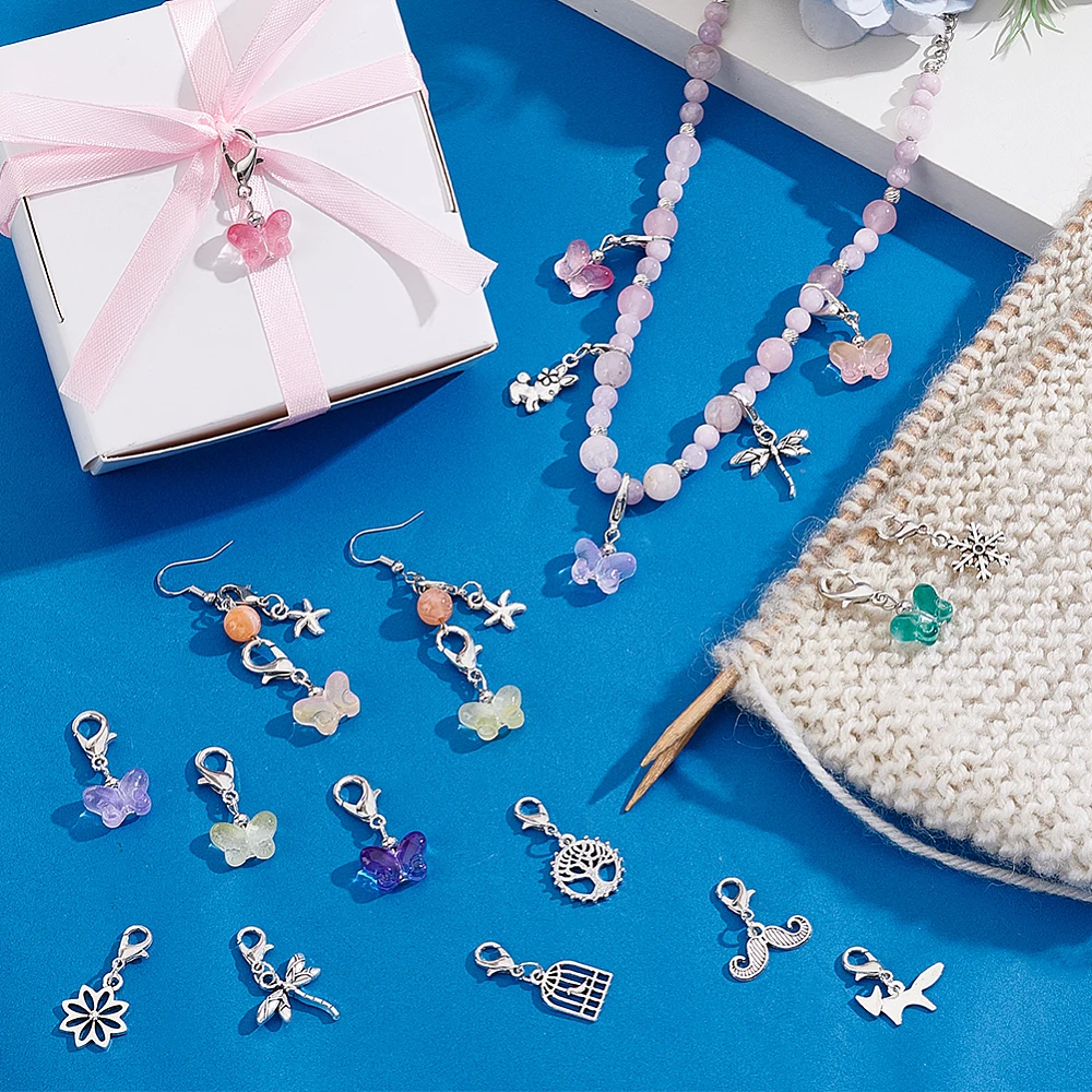 

72Pcs Glass Butterfly Alloy Pendant Decorations with Lobster Claw Clasp Mixed Shapes Mixed Color 30mm