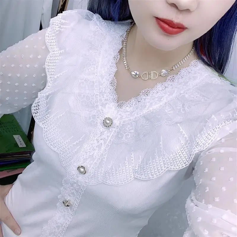 Frühling Herbst Langarm V-Ausschnitt Damen Spitzenkleid mit Großen Blumen Holzohr-Design Übergröße Mutterkleidung Größe M