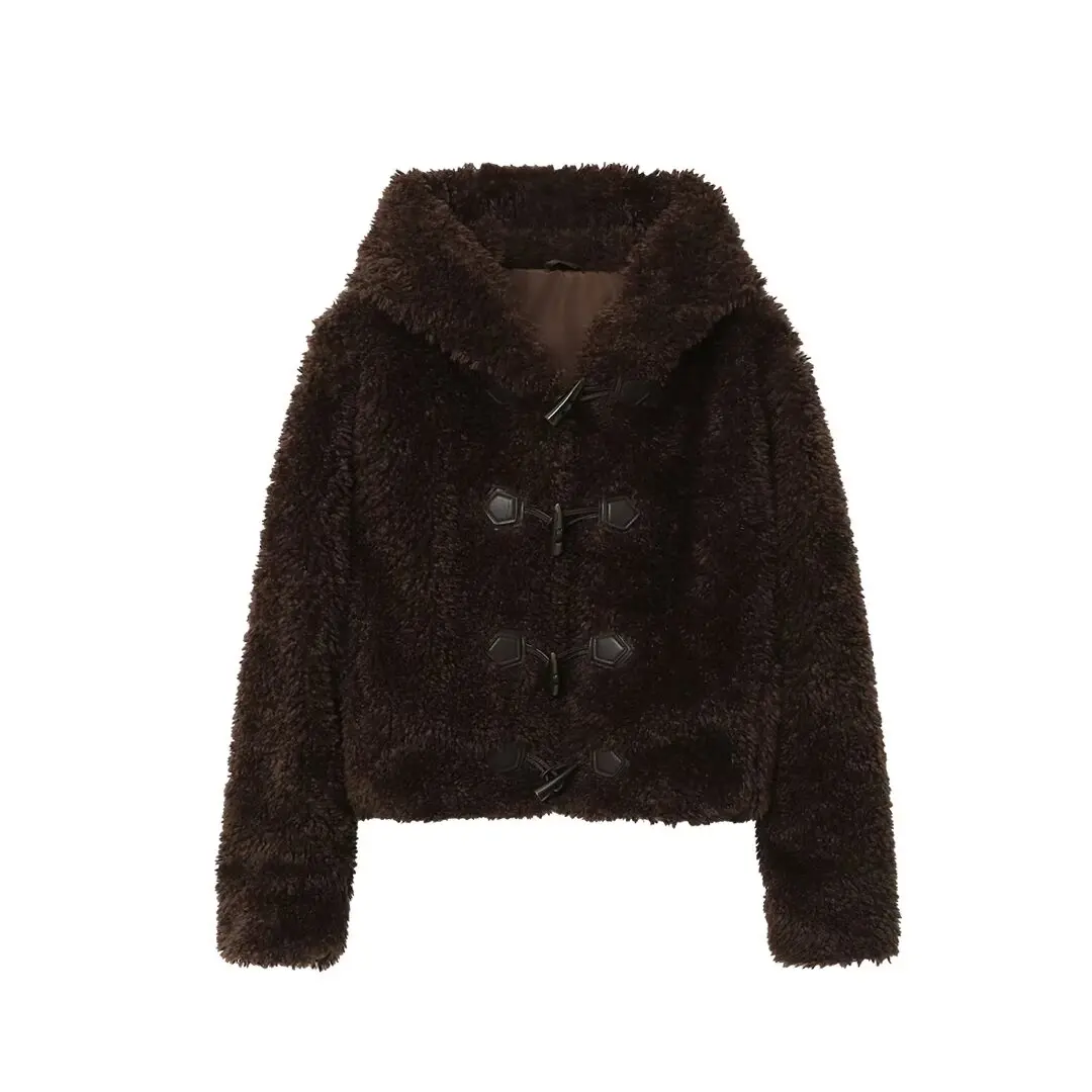 

2025 WOMAN Fashion European and American Style Summer New Product Imitation Fur Hoodie Short Horn Button Coat Outerwear Mujer