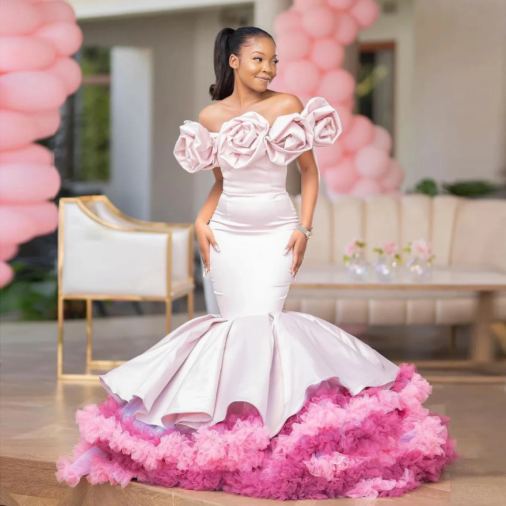 

Luxury Pink Mermaid 3D Handmade Flower Princess Ball Dress Sexy Off Shoulder Formal Occasion Party Graduation Dress Customized