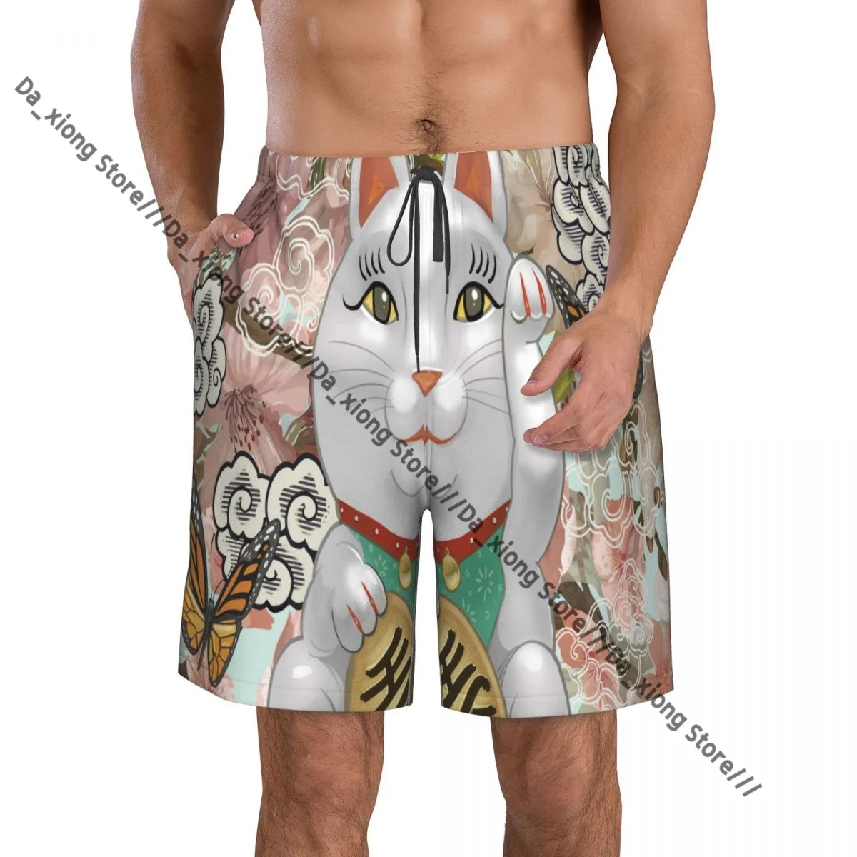 Men Beach Short Quick-drying Swimming Trunk Lucky Cats And Flowers Swimwear Swimsuit Bathing Shorts