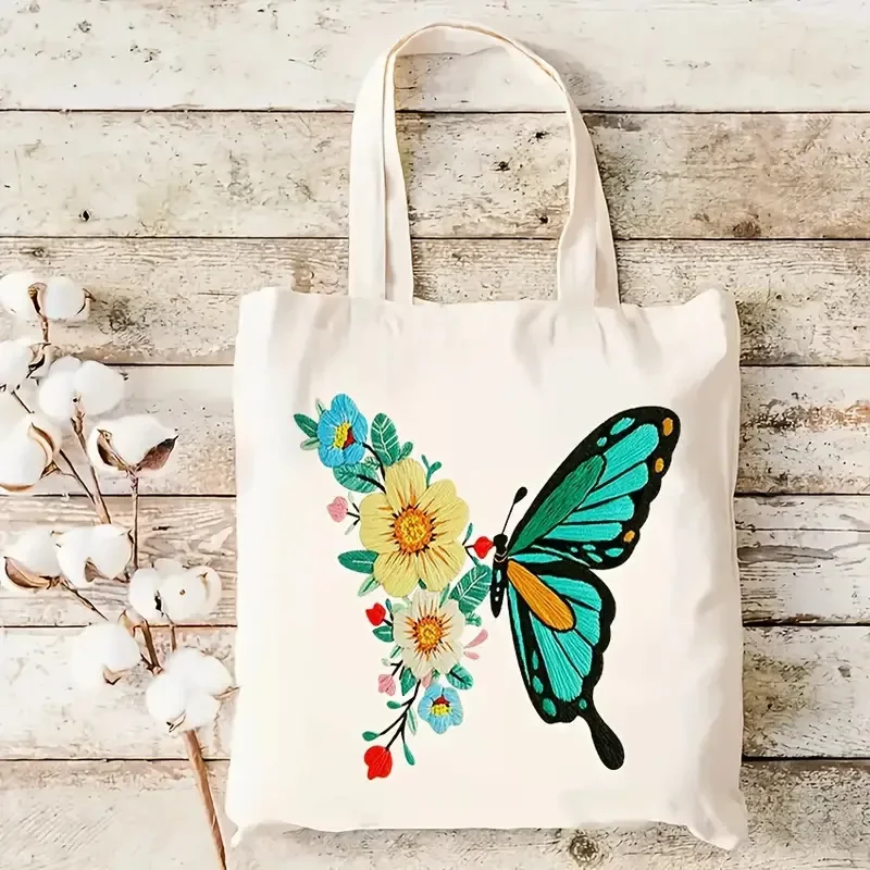 

Сумка на плечо с цветком и бабочкой для женщин, повседневная сумка для покупок, экологически чистая сумка, креативная сумка для фитнеса с бантом, портативная большая сумка
