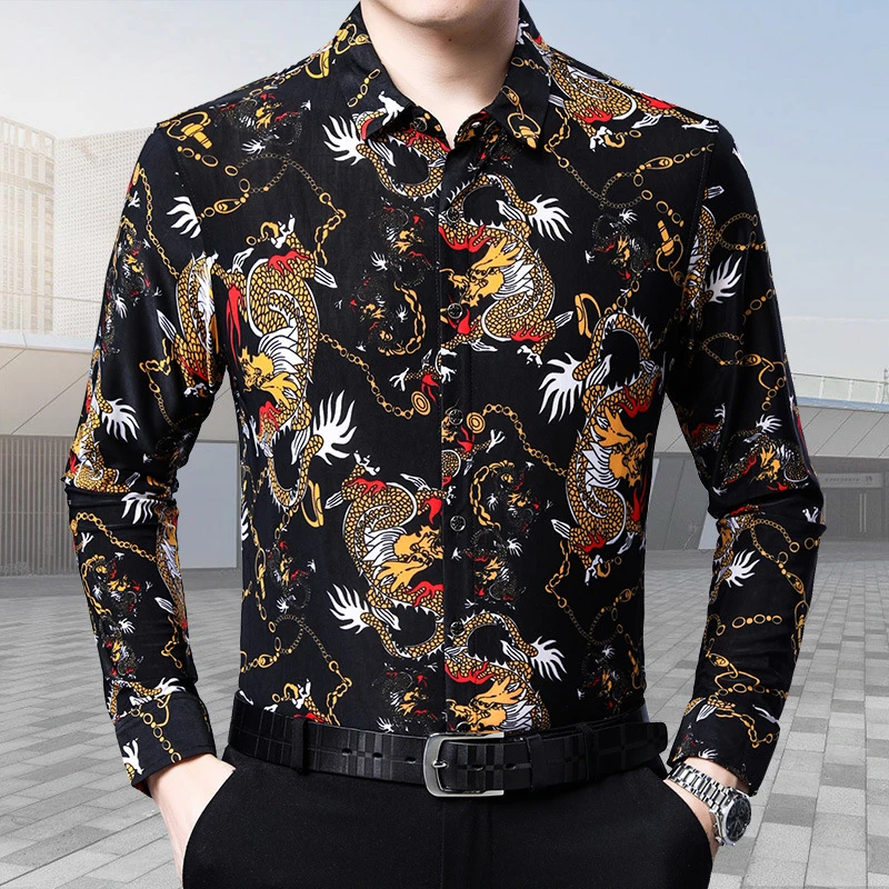 New Dragon Tattoo Pattern 3D Printed Fashion Men\'s Long Sleeve Button Down Shirts Spring Mens Casual Lapel Shirt Male Clothing