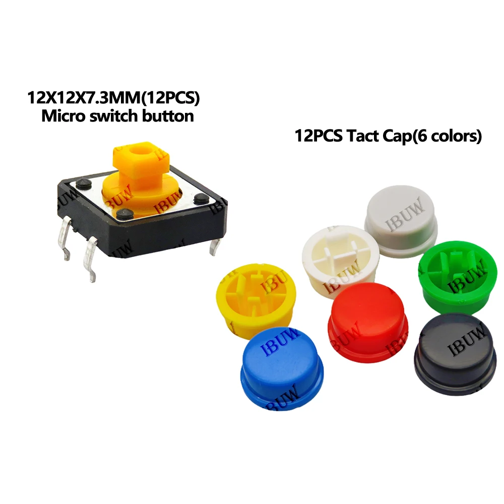 24PCS Tactile Push Button Switch Momentary 12*12*7.3MM Micro Switch Button + 12PCS Tact Cap(6 Colors) for Arduino Switch