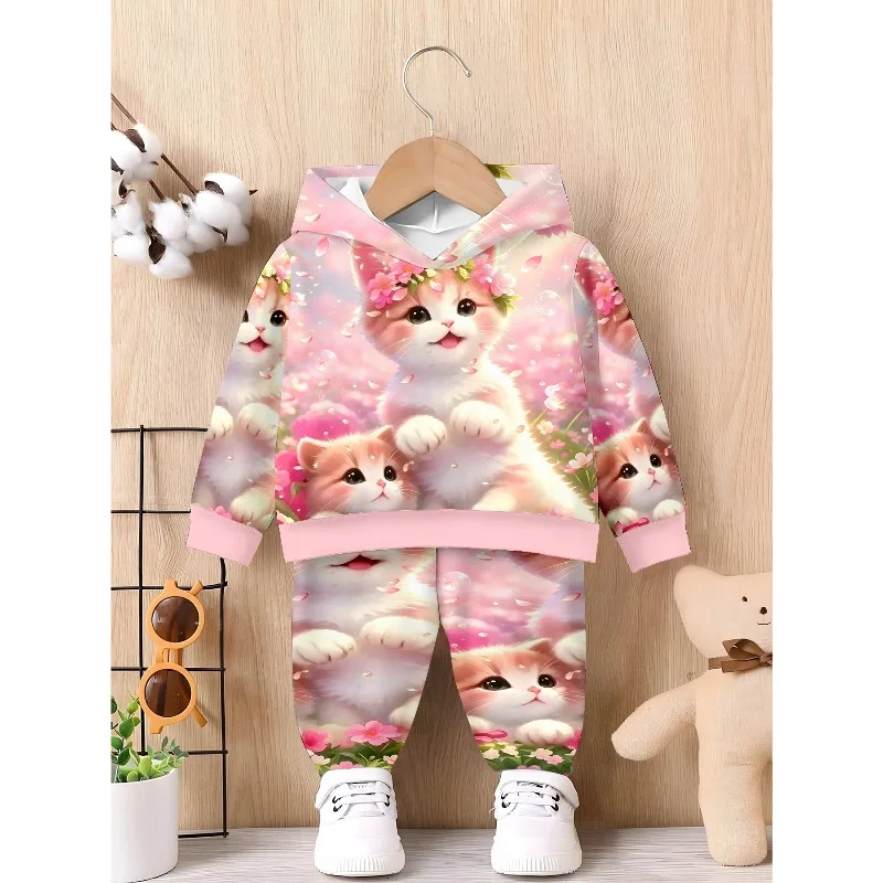 Kids Hoodie Jogger: Pink Cherry Blossom Kitten Allover Print, Iridescent 67 Number Colorful Butterfly Graphic Kids Tracksuit