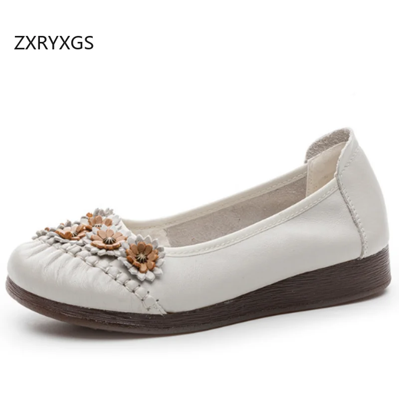 

ZXRYXGS 2025 New Top Layer Cowhide Classic Flowers Shoes Women Leather Shoes Flat Heel Soft Sole Anti Slip Comfort Fashion Shoes