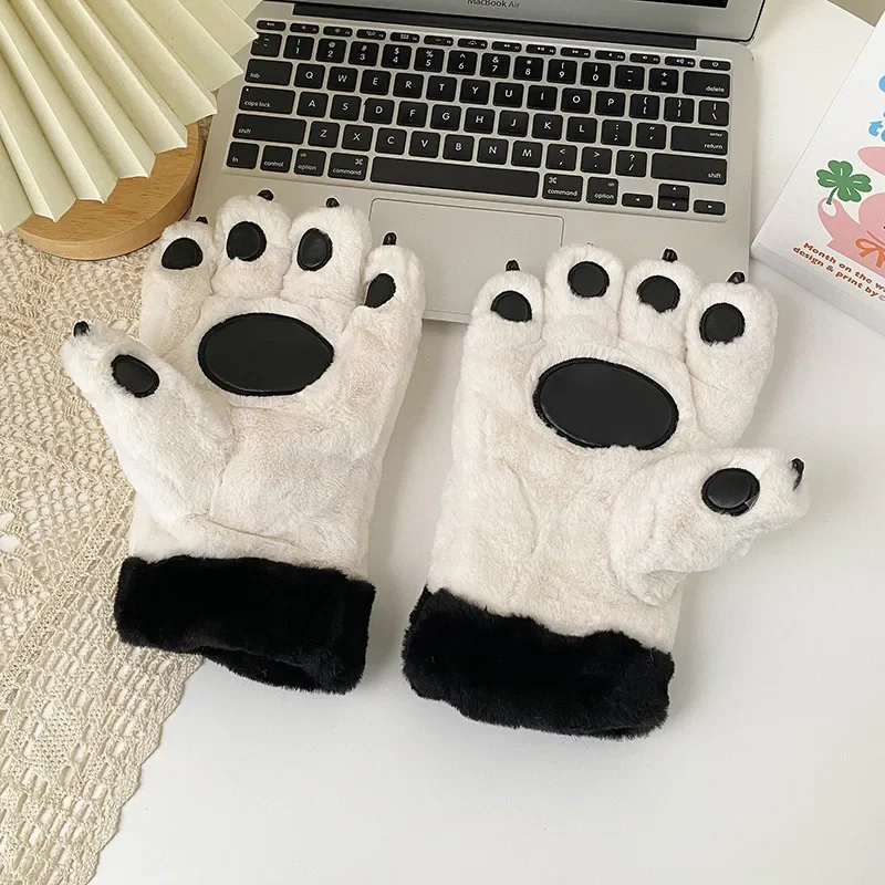 Little Bear Paw Fluffy Gloves Winter Girls To Keep Warm Fleece and Thickened Bear Paws Outdoor Bicycling Cute Cartoon Gloves New