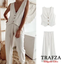 TRAFZA Casual Striped Vest Set Women Sleeveless Vest with Cotton Linen Wide-legged Pant Set New 2024 Summer Holiday Commuter Set