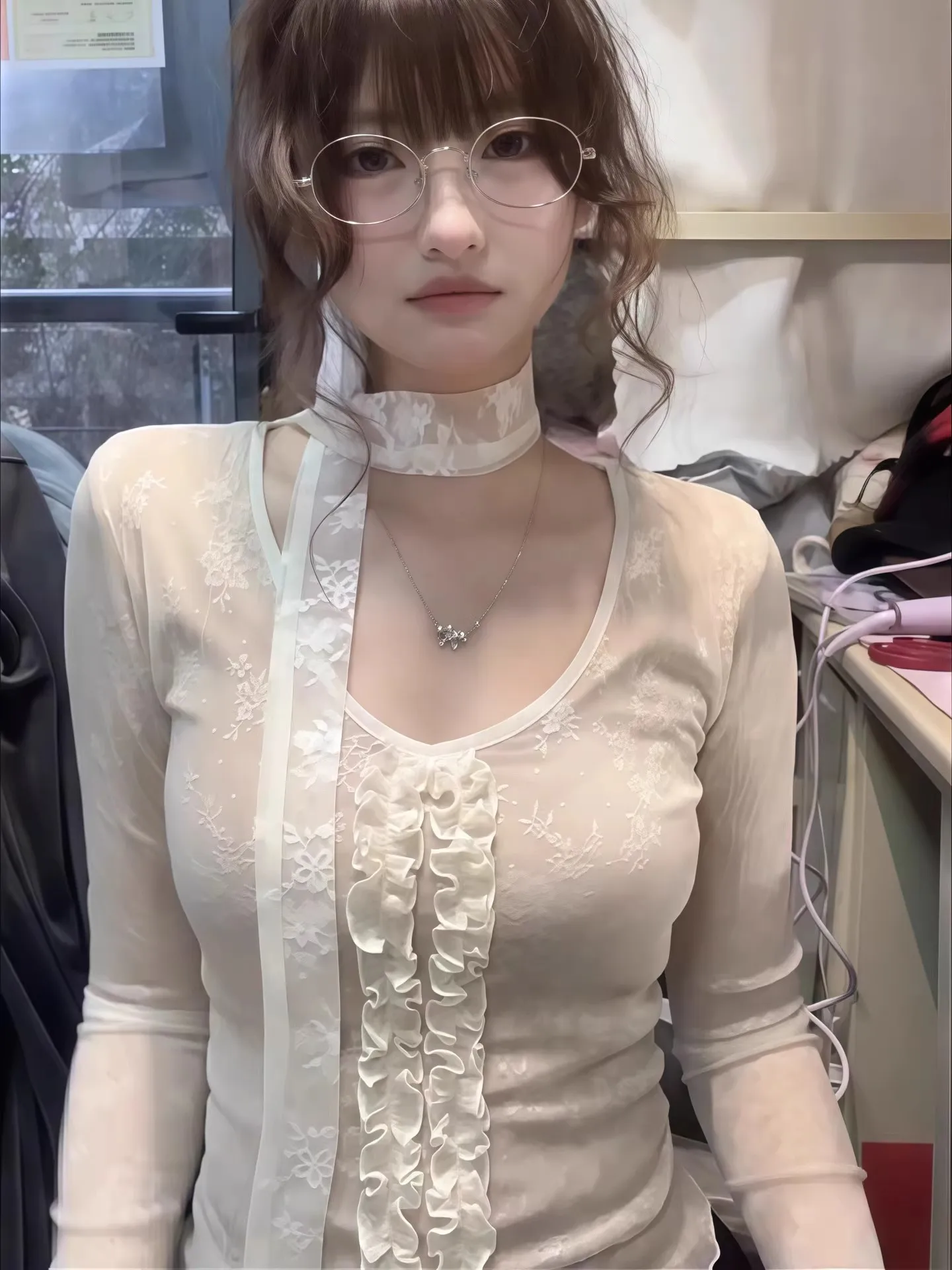 

Sweet And Spicy Girl Long Sve T-irt Women's Slim Fit Unique Retro Faion Top with Lace Detail Korean Sle Spring 2026