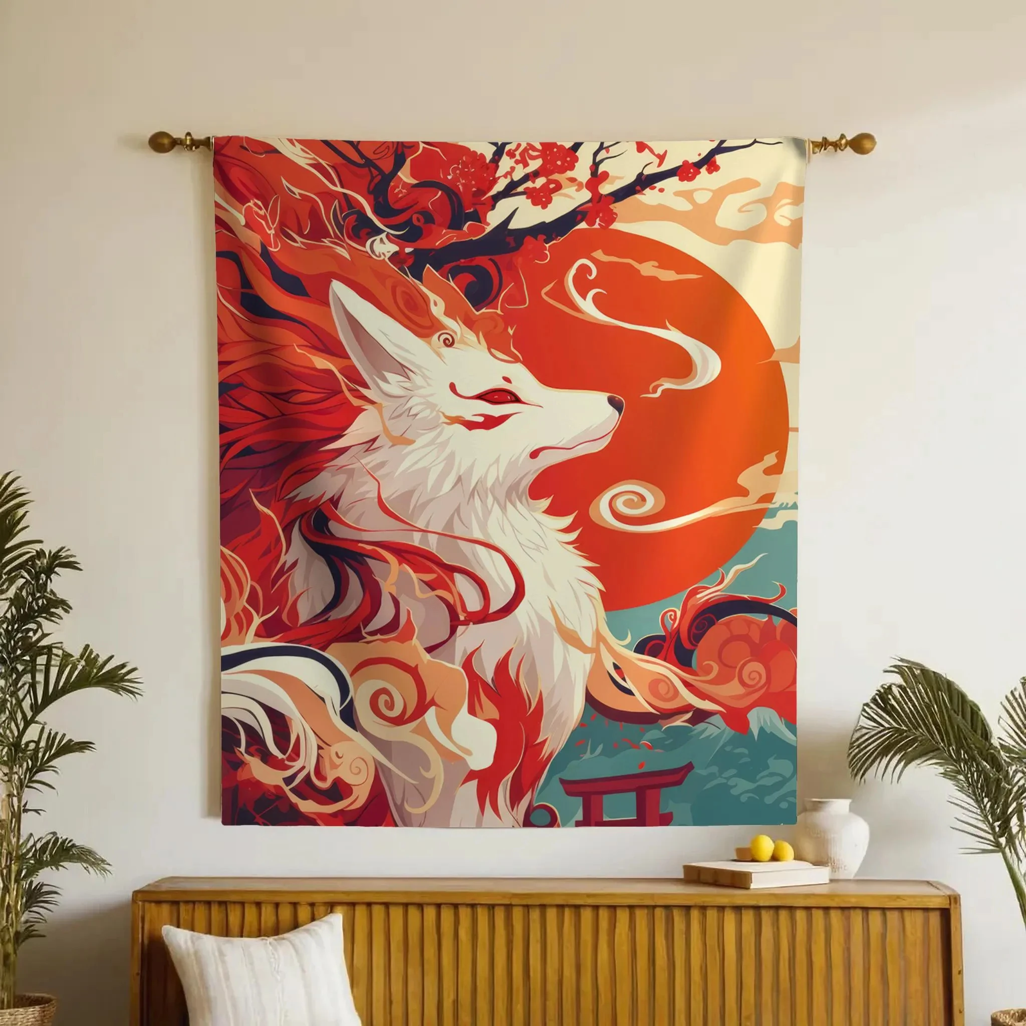 Japanese Tapestry Original Art Kitsune Wall Hanging Fox Spirit Folklore Decor Yokai Fairy Tale Home Display Free Hooks Included