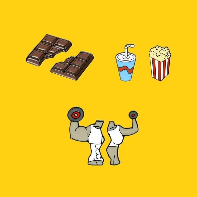 Fitness Enamel Pin Custom Chocolate Soda Popcorn Brooches Shirt Lapel Badges Badge Sports Jewelry Gift for Friends Drop Shipping