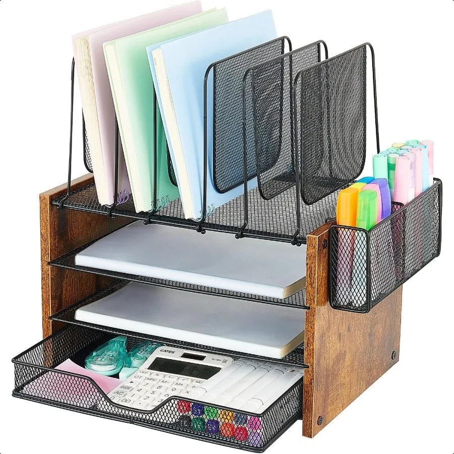 

Wood Desk Organizers and Accories with Drawer 3Tier Desk Accories Workspace OrganizersPaper Organizer with 5 Vertical File Orga