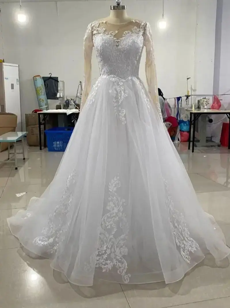 Aline vestido de novia de manga larga para mujer, fotos reales, talla grande, hecho a medida