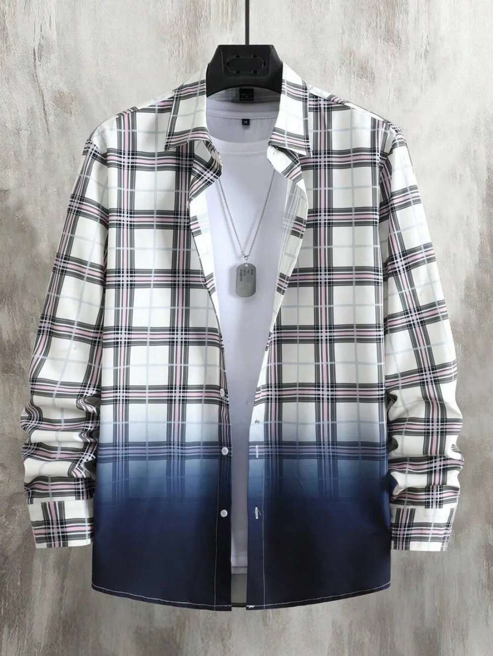 Men's casual daily gradient check front-buttoned long-sleeved shirt