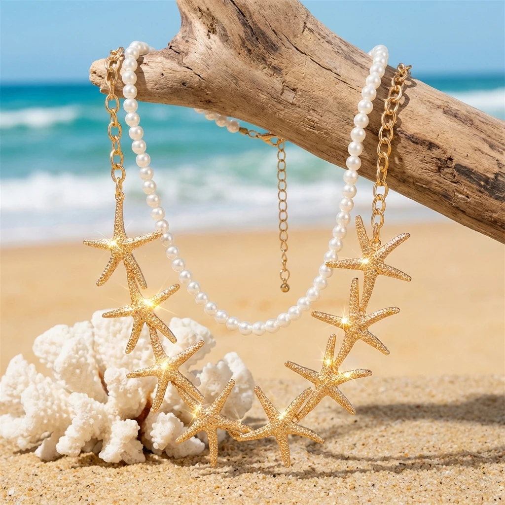Übertriebene Seestern-Kettenkette für Damen, Bohemian-Stil, Imitationsperlen, Doppellagiger Choker, Trendiger Schmuck für Strandpartys und Urlaub – Detail 5
