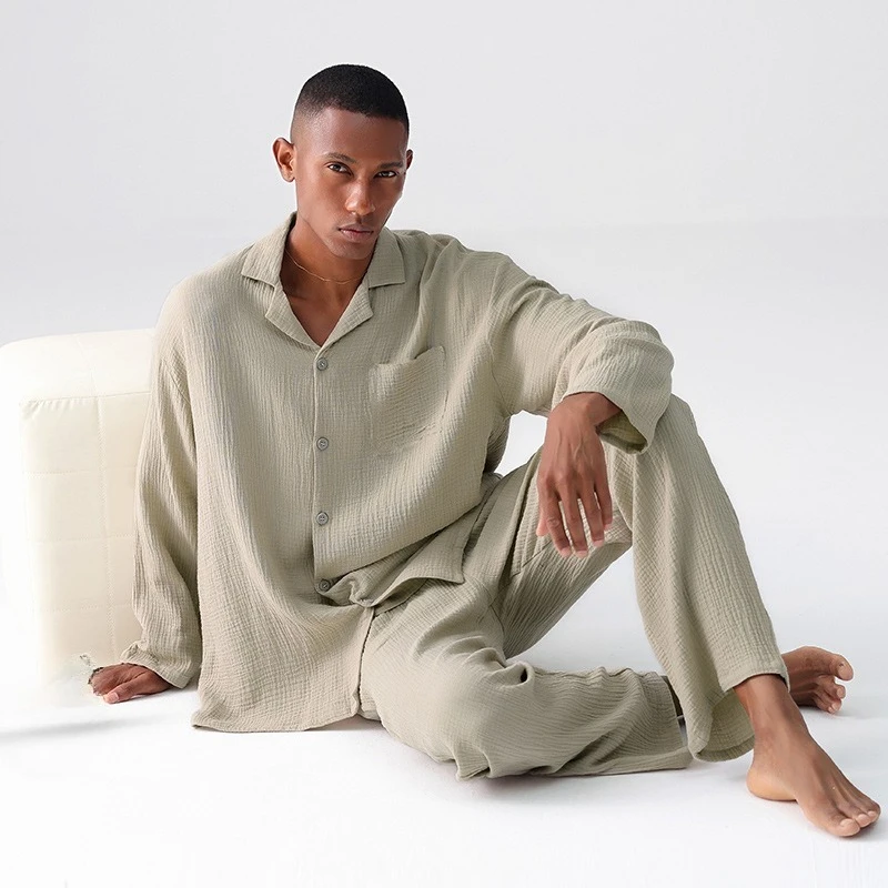 

Woven Gauze Pajamas Men's Spring and Autumn Thin Cotton Long-sleeved Winter Men's Loungewear Suit Comfort Loose