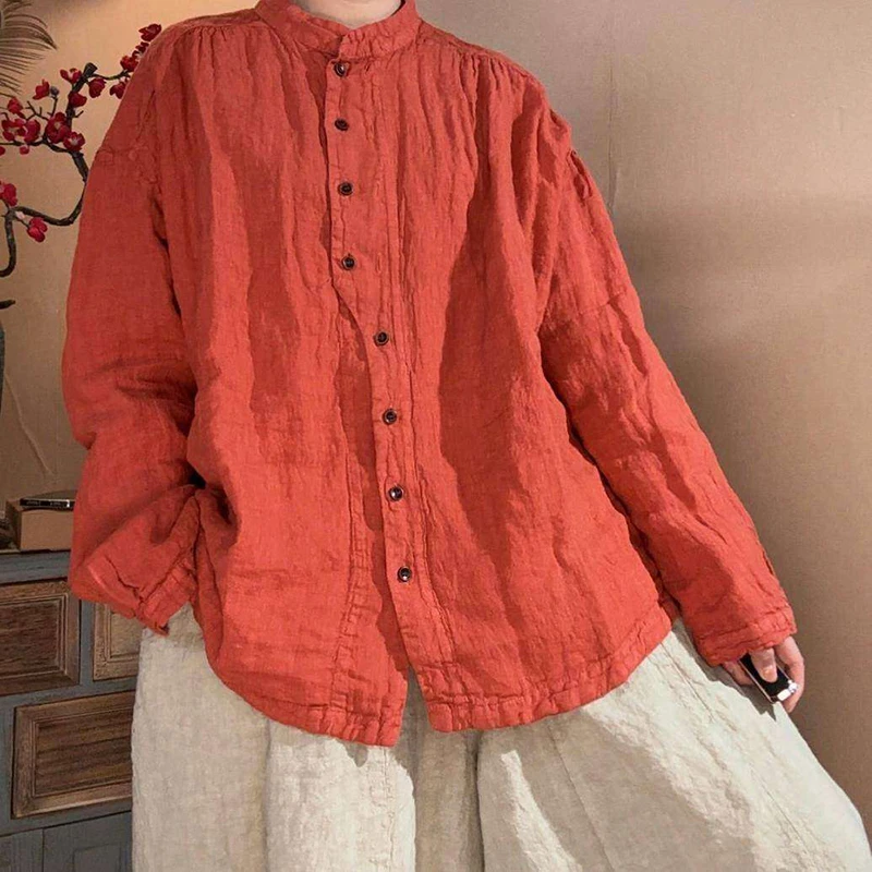 

2026 New Arrival Spring/autumn Casual Loose O-neck Long Sleeve Vintage Blouse Cotton Linen Single Breasted Women Shirts Y159