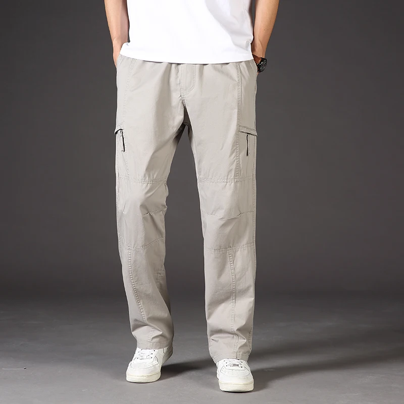 

2025 New High-Quality Fashion Classic Man Casual Cargo Pants Zipper Pockets Sports Outdoor Outfits Khaki Grey Men's Trousers