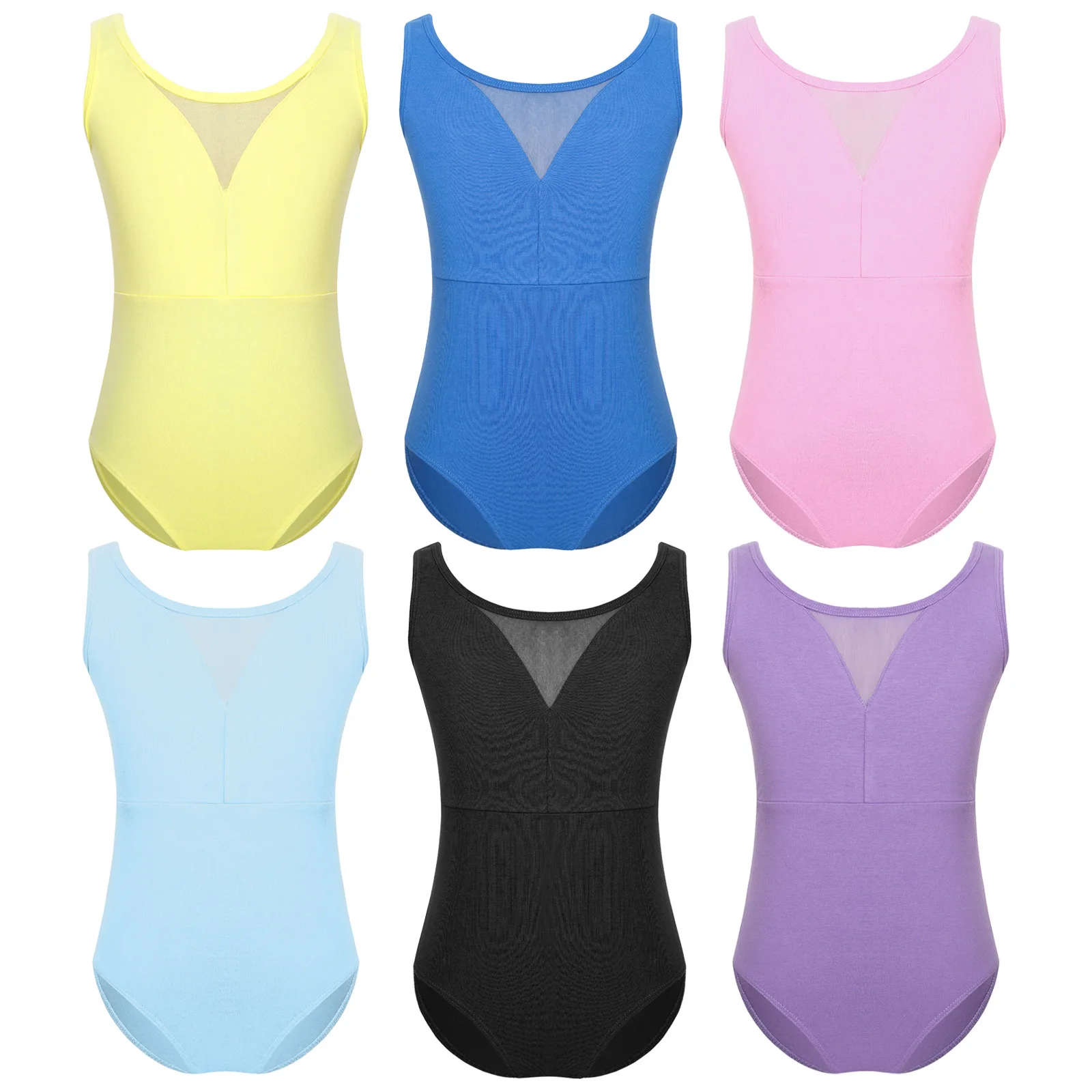 Baju renang untuk anak-anak tipis Mesh Patchwork v-back tanpa lengan Bodysuit balet tari Leotard senam pelatihan panggung kinerja