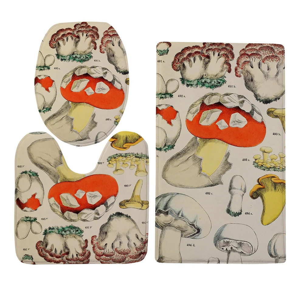 HX Mushroom Bath Mats Toilet Cover Set Funny Plant 3D Graphic Flannel Three-piece Toilet U-shaped Carpet Rug Dropshipping