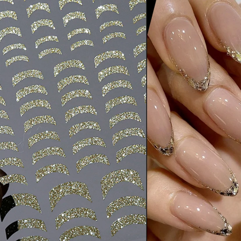 Nail Art Stickers Reflective Glitter French  Manicure Silver Swirl Strip Star Design Sparkly Wave Decor Manicure Powder Decals