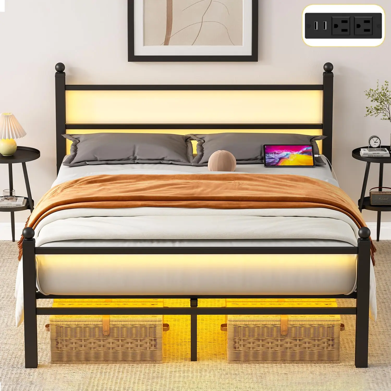 

Full Size Metal Platform Bed with LED Lights, USB Charging, and Noise-Free Design, No Box Spring Needed