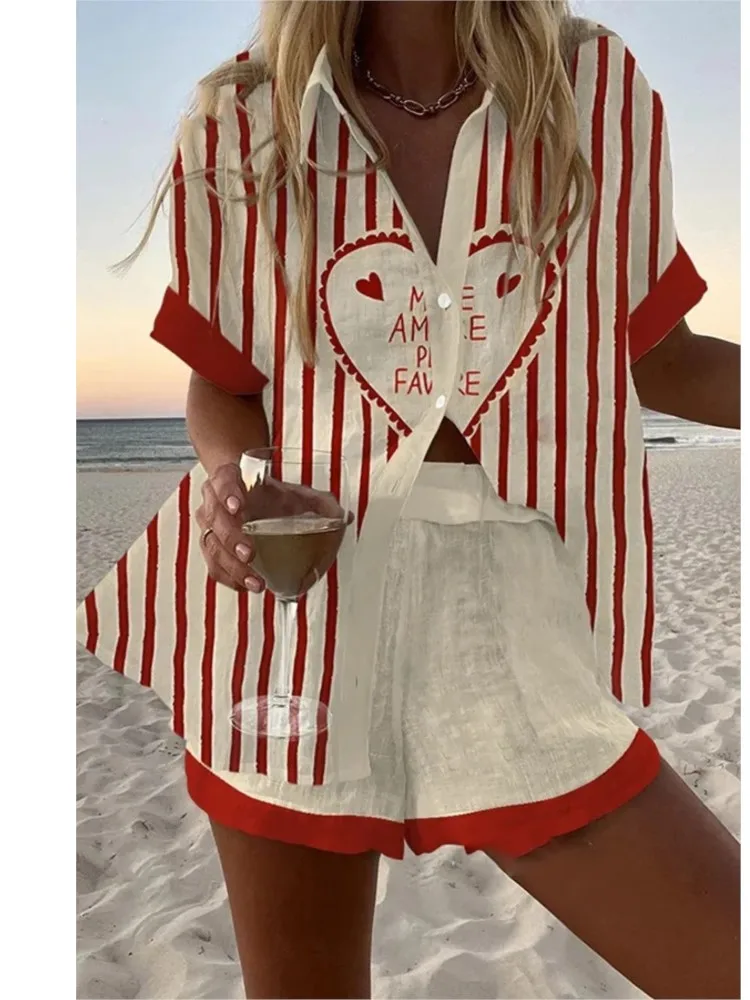 Fashion Digital Printed Women's Summer Beach Vacation Shorts Set Casual Short Sleeved Shirt Top+wide Leg Shorts Two-piece Set