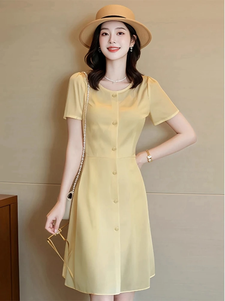 

Summer New Yellow Slimming Waist Dr Women's Faionable Simple Large Size A-Line Skirt ort Sve round Ne Commute Sle
