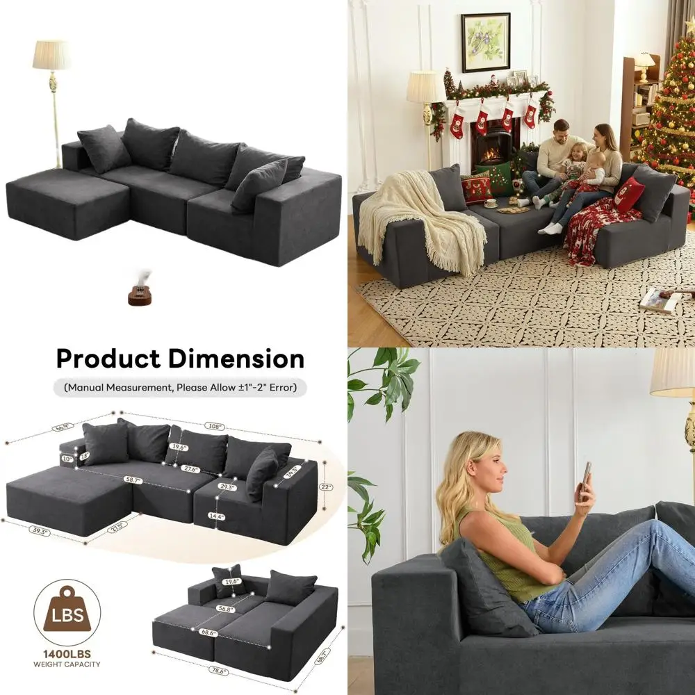 

Contemporary L-Shaped Cloud Sofa with Chaise, Deep Seating, Ideal for Living Spaces, Bedrooms, Offices, Ready to Use, Gray