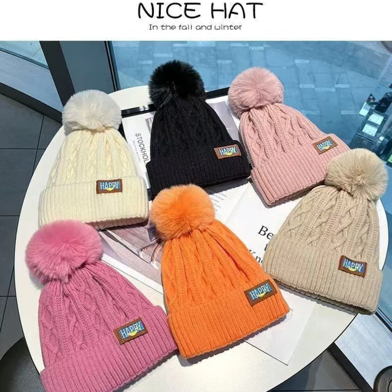 Women Winter Thick Fleece Lined Cable Knit Beanie Hat Faux Fur Pom Pom Happy Patch Thick Warm Thermal Cold Weather Skull Cap