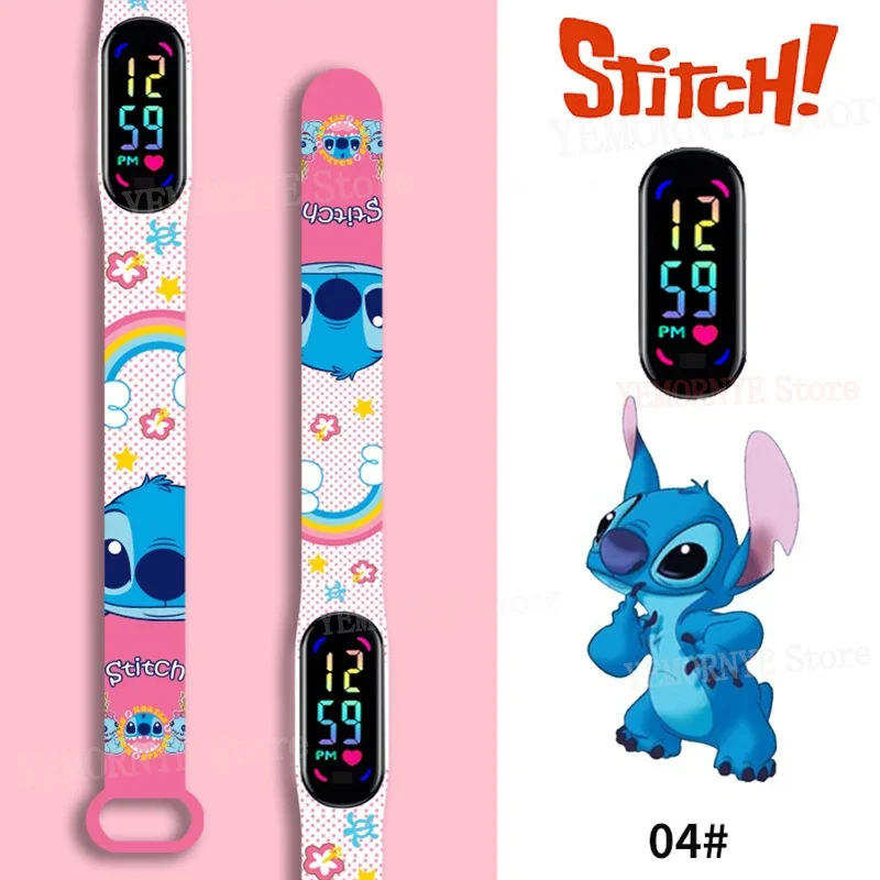 Disney Stitch cyfrowe zegarki dla dzieci figurki Anime LED Touch Luminous dziecięca opaska sportowa wodoodporny zegarek cyfrowy zabawka urodzinowa