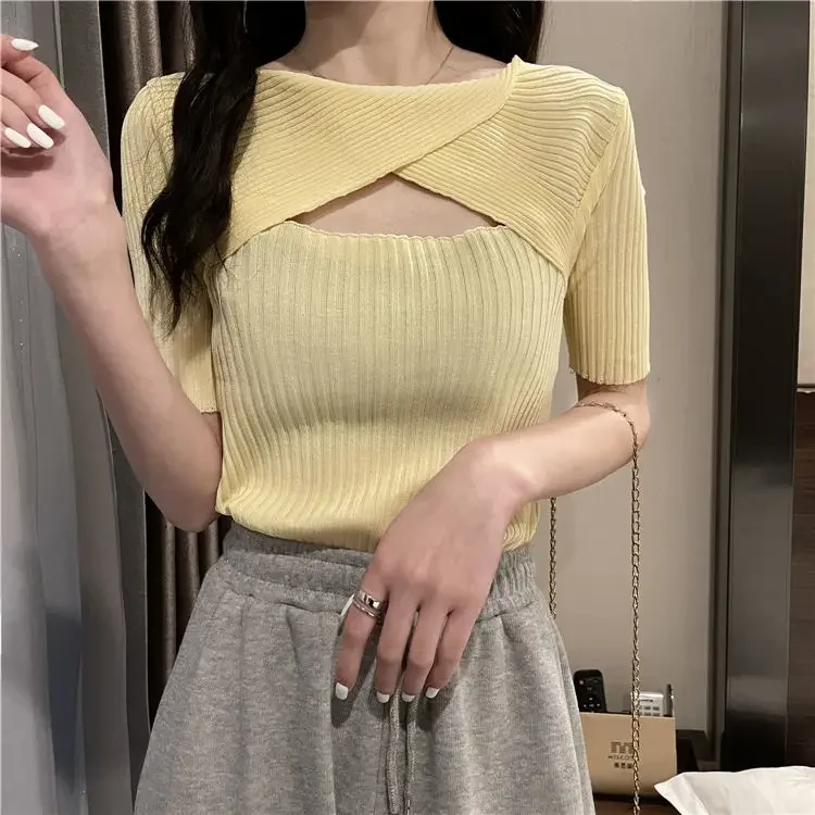 Woman TShirts 2024summer Hollow-out Knot Short-Sleeved Knitted Top Crop Top Mujer Camisetas