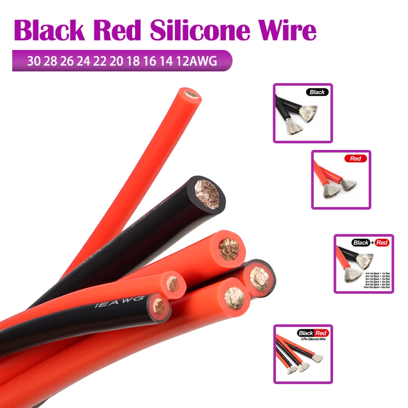 

1-10M Soft Silicone Wire Black Red 2Pin Cable 30 28 26 24 22 20 18 16 14 12AWG Solar Panel Car Battery Tinned Copper Wire