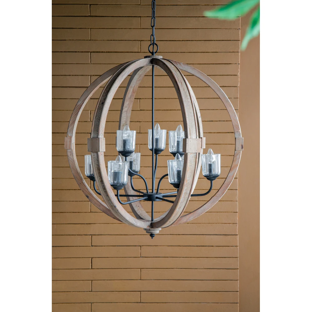 9- Light Globe Chandelier, Wood Chandelier Hanging Light Fixture with Adjustable Chain for Kitchen Dining Room Foyer Entryway