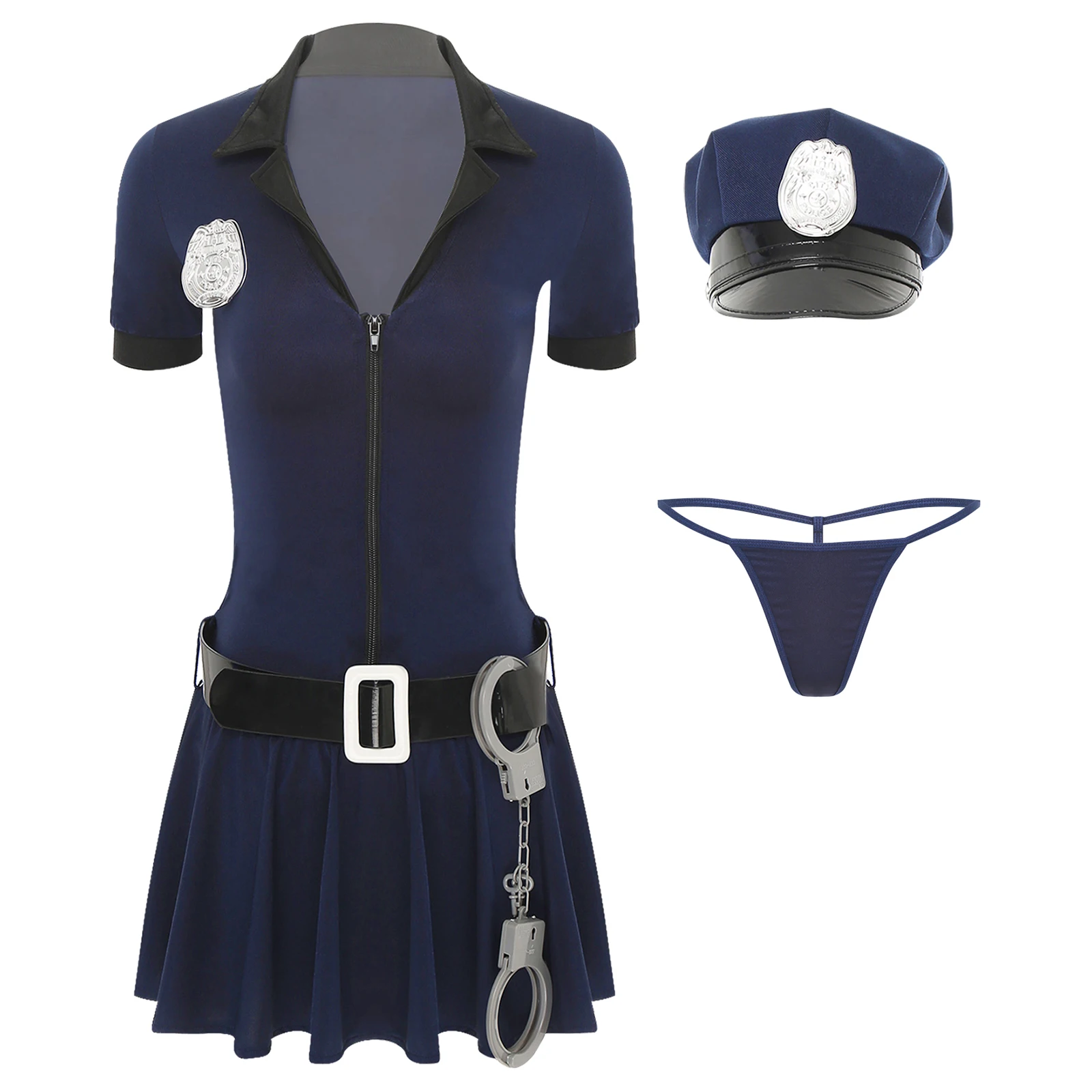 Womens Dirty Cop Officer Police Halloween Cosplay Outfits Front Zip Dress Thong Hat Waist Belt Manacles Policewoman Uniform