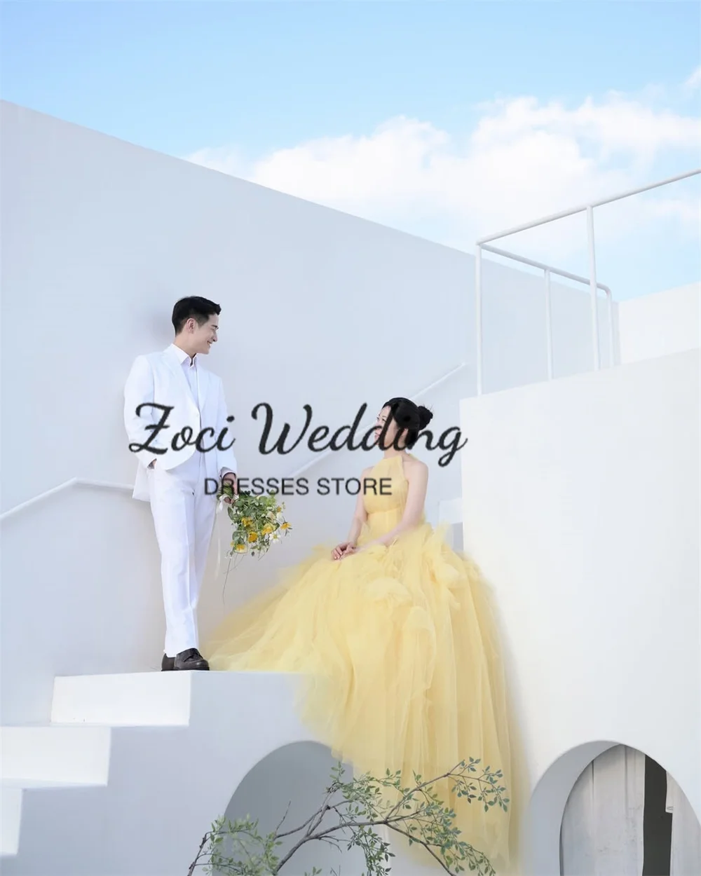 Zoci Elegant Halter Yellow Korea Wedding Party Dresses Fairy Tulle Photo Shoot Dress Customized Ruffles Tiered Formal Party Gown